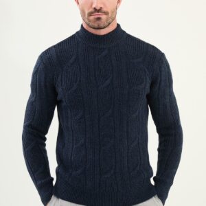 Cable Knit Turtleneck Sweater - Navy Blue