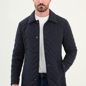 Chevron Quilted Button Jacket - Navy Blue